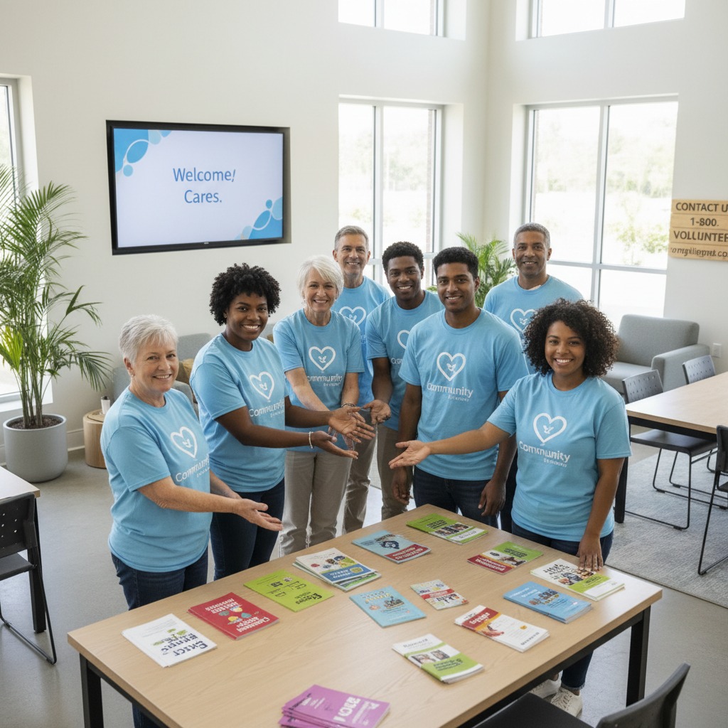 A diverse group of nine volunteers in light blue matching t-shirts stand behind a table covered with informational brochures in a brightly lit room.